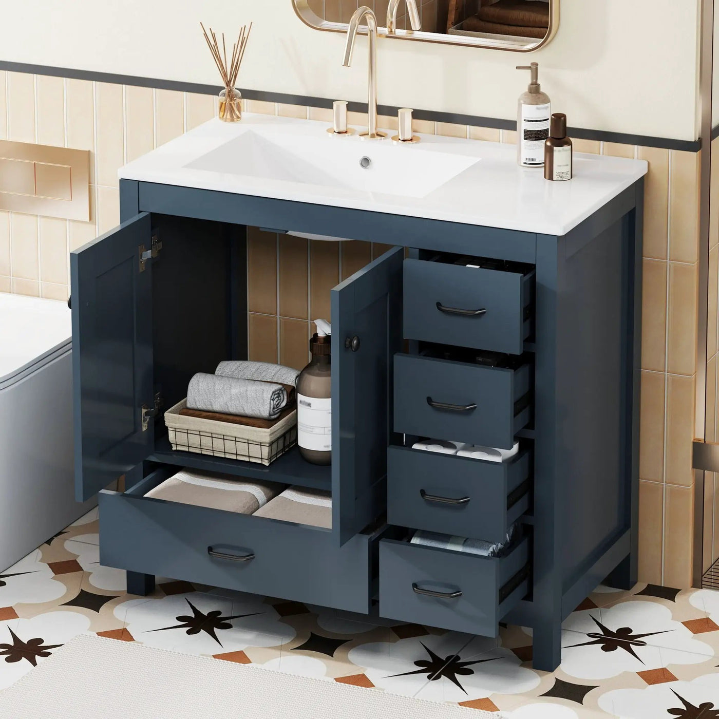 Bathroom Vanity With Ceramic Sink Combo, Abundant Storage Cabinet 2 Soft Close Doors And 5 Drawers by Unique Piece Furniture