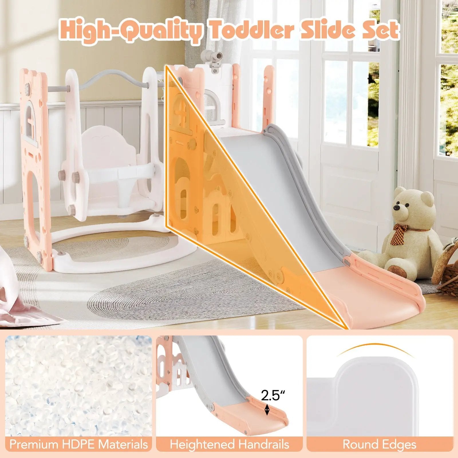 7-in-1 Toddler Swing and Slide Set L-shaped with Ladder and Basketball Hoop by DirectDeals