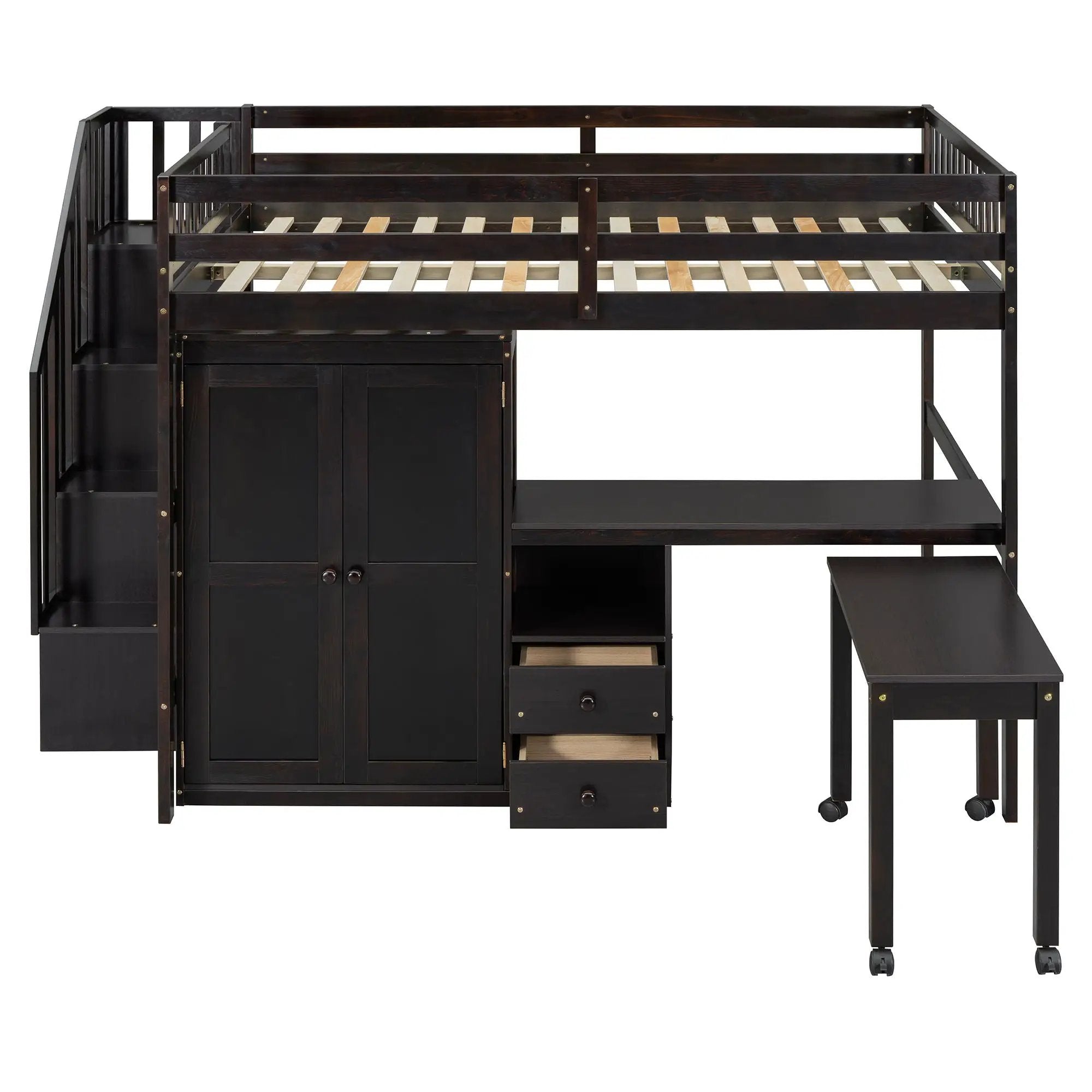 Loft Bed With Stairs, Bookshelf, Drawers, Desk & Wardrobe, Space Saving Multifunctional Furniture by HouseOfZazla