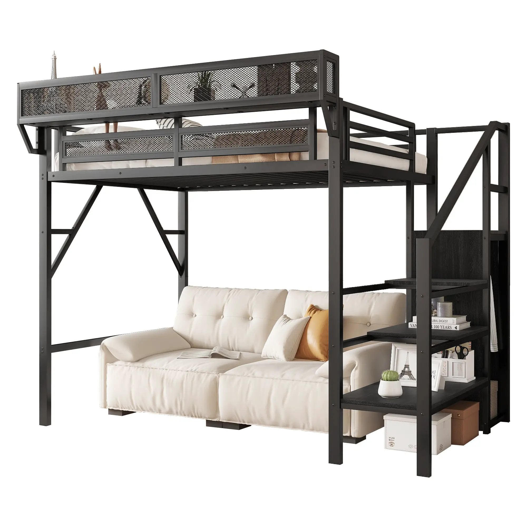 Twin Size Loft Bed with Stairs, Metal Full Loft Bed with Storage Shelves by HouseOfZazla