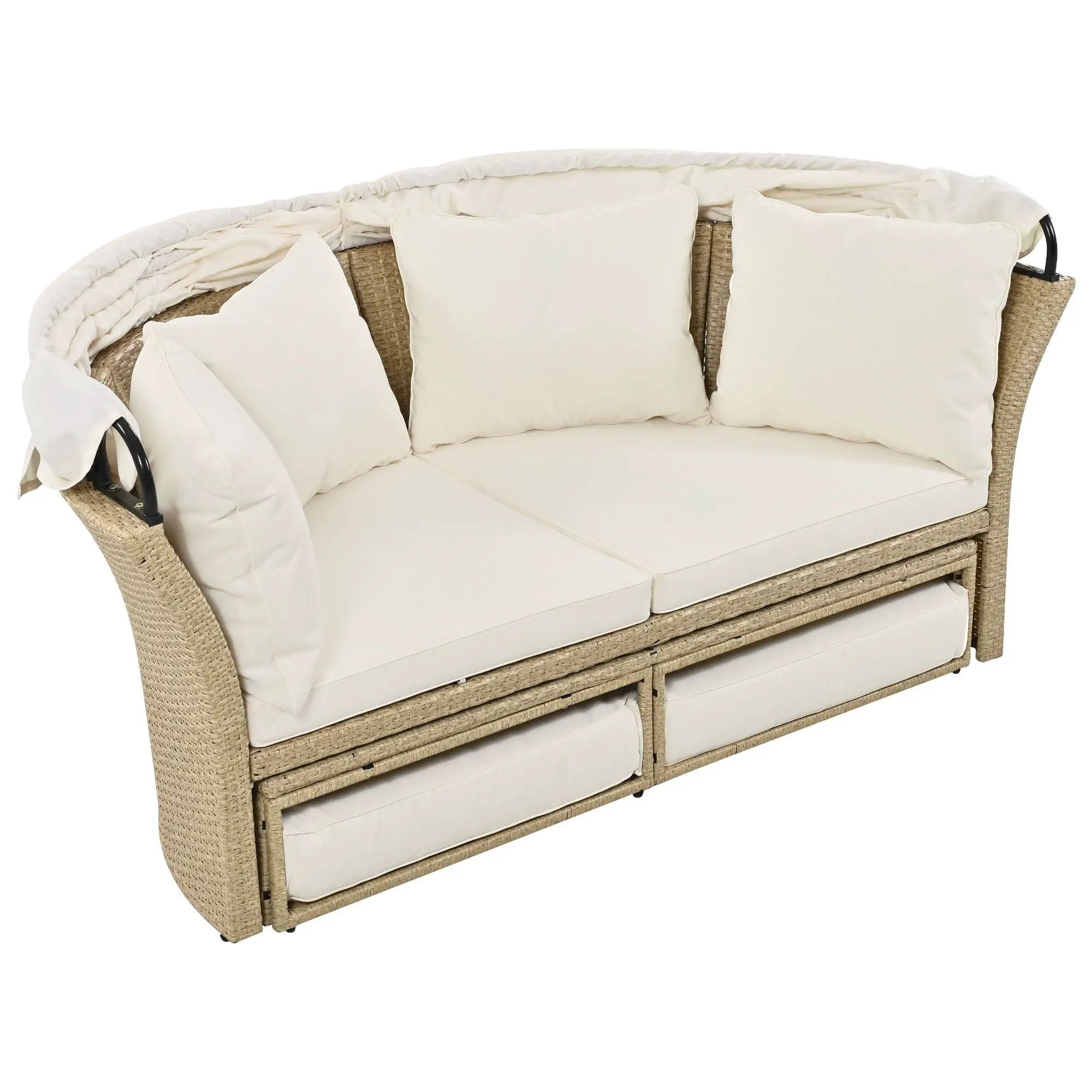 Outdoor Patio Daybed Wicker Rattan Double Daybed Round Sofa Furniture Set With Retractable Canopy, 4 Pillows For Lawn Garden by HouseOfZazla