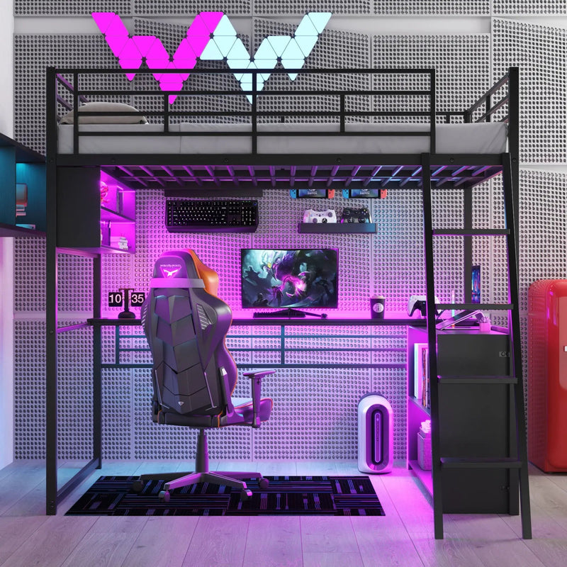 Loft Bed With LED Desk And 4 Storage Shelves by Unique Piece Furniture