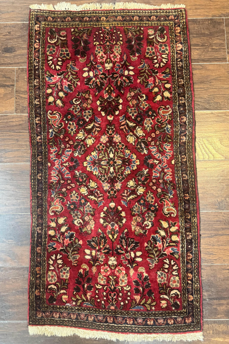 Small Persian Sarouk Rug 2x4, Floral, Red Hand Knotted Wool Traditional Oriental Carpet, Antique Persian Rug 2 x 4 by Jewel Rugs