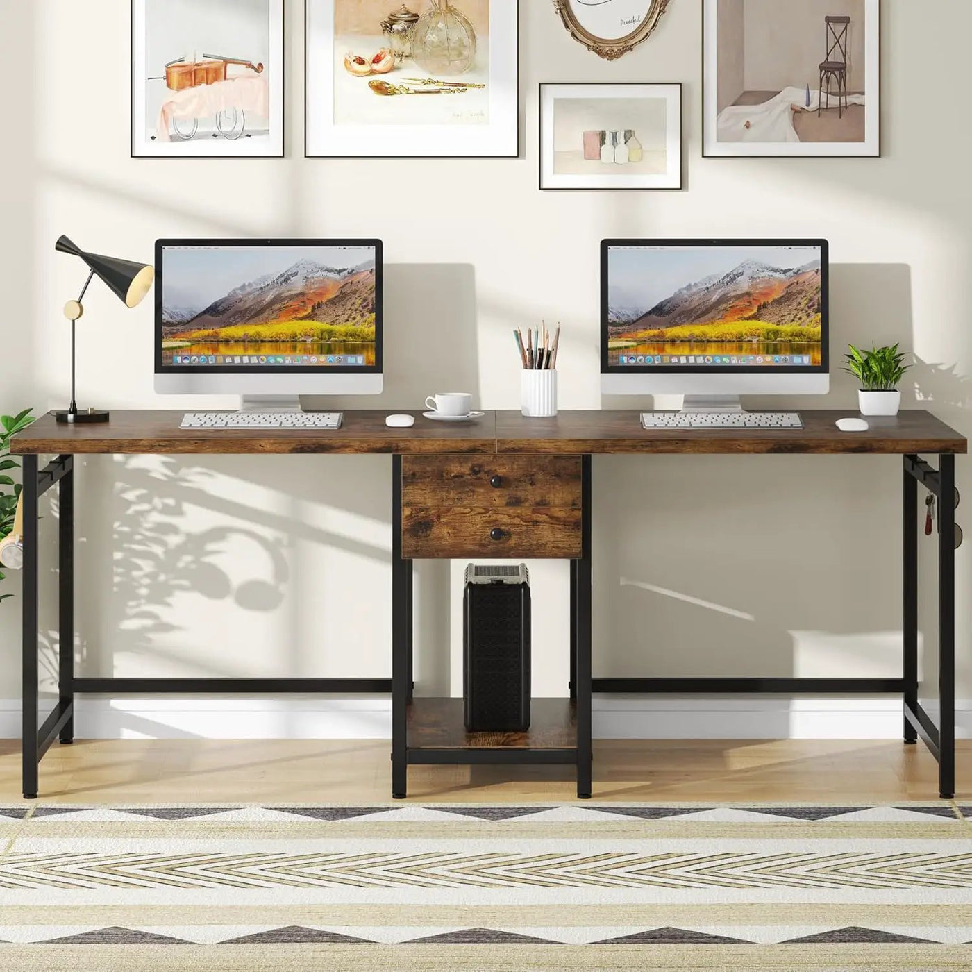 2 Person Computer Desk With Drawers And Shelves, Extra Long Double Workstation by HouseOfZazla