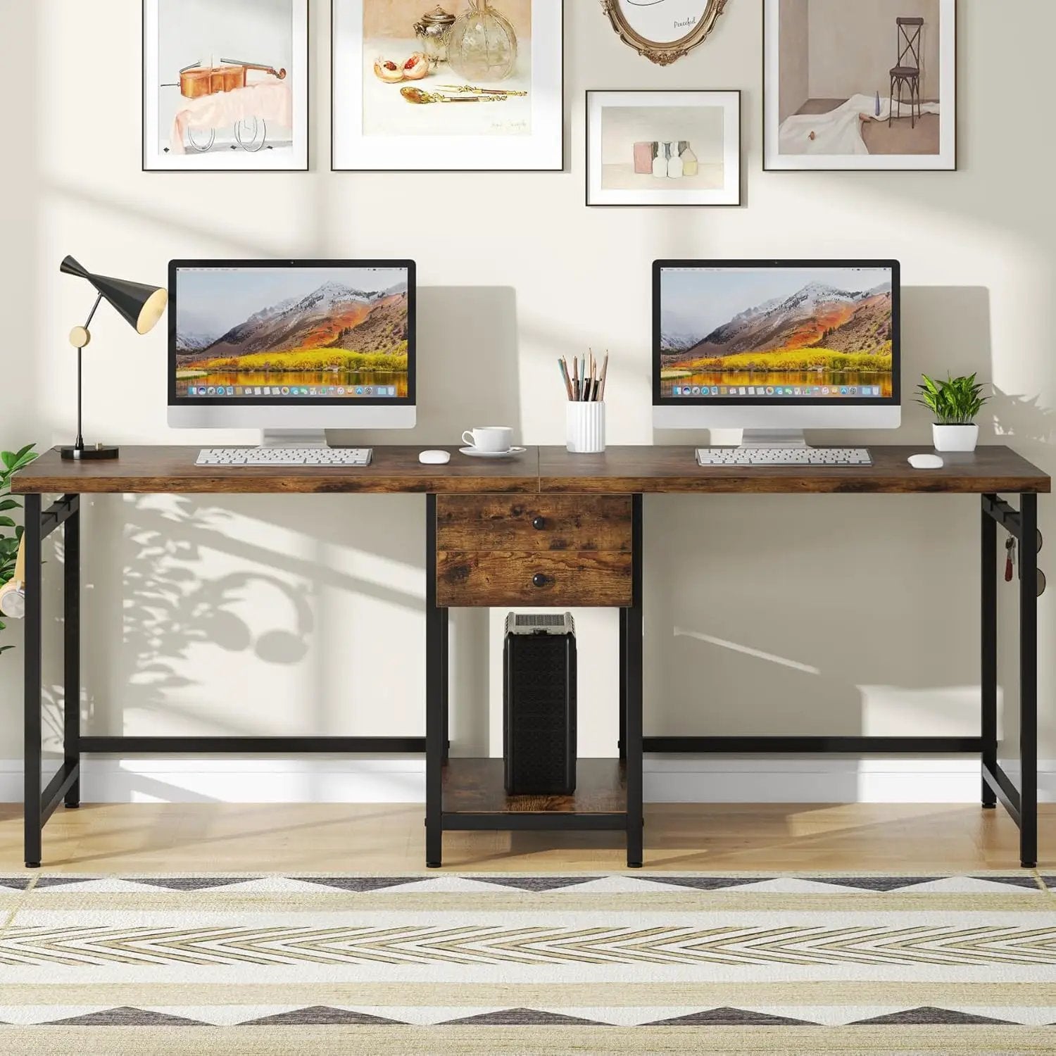 2 Person Computer Desk With Drawers And Shelves, Extra Long Double Workstation by HouseOfZazla