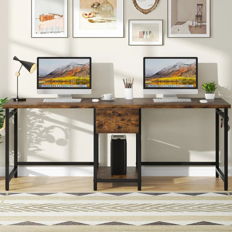 2 Person Computer Desk With Drawers And Shelves, Extra Long Double Workstation by HouseOfZazla