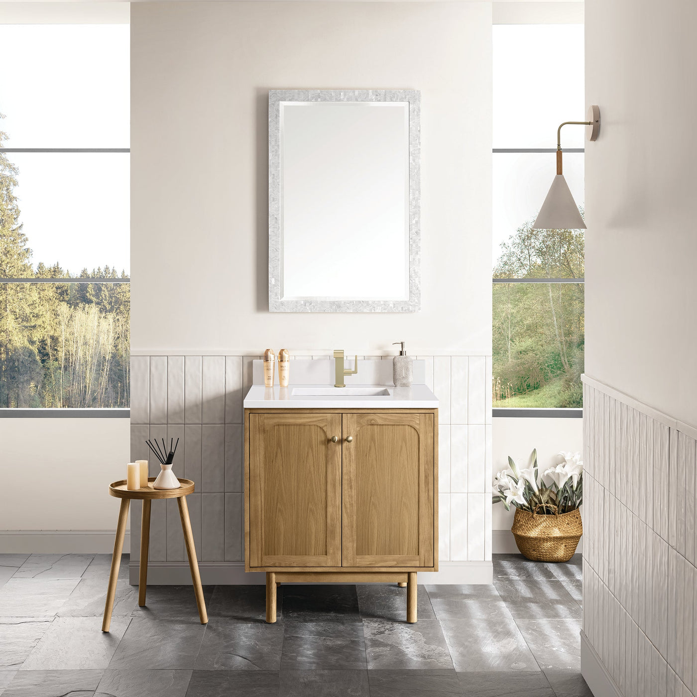 James Martin Laurent 30" Dual Mount Single Bathroom Vanity, Light Natural Oak with White Zeus (Single Hole, with Backsplash) countertop