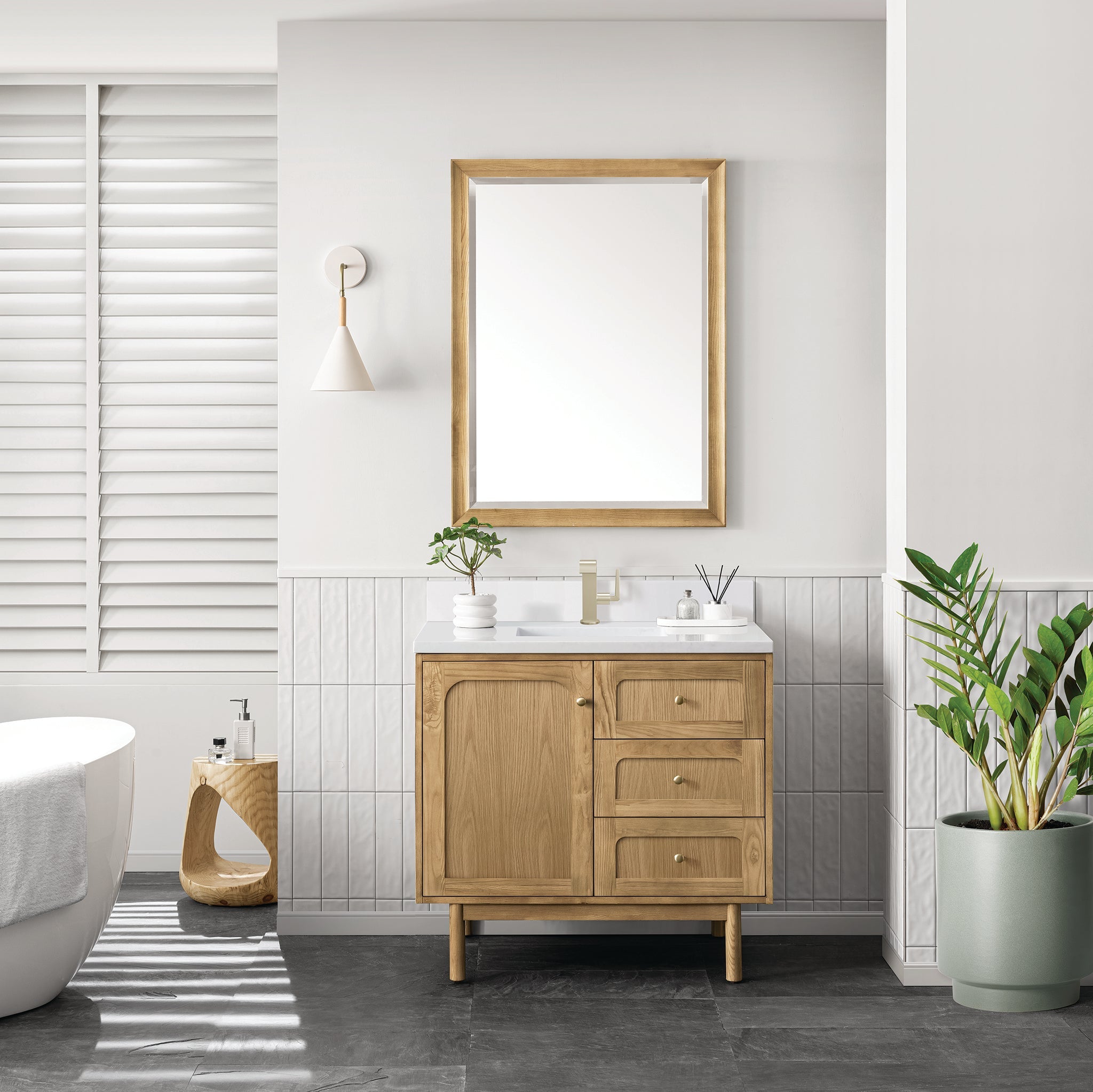 James Martin Laurent 36" Dual Mount Single Bathroom Vanity, Light Natural Oak with White Zeus (Single Hole, with Backsplash) countertop