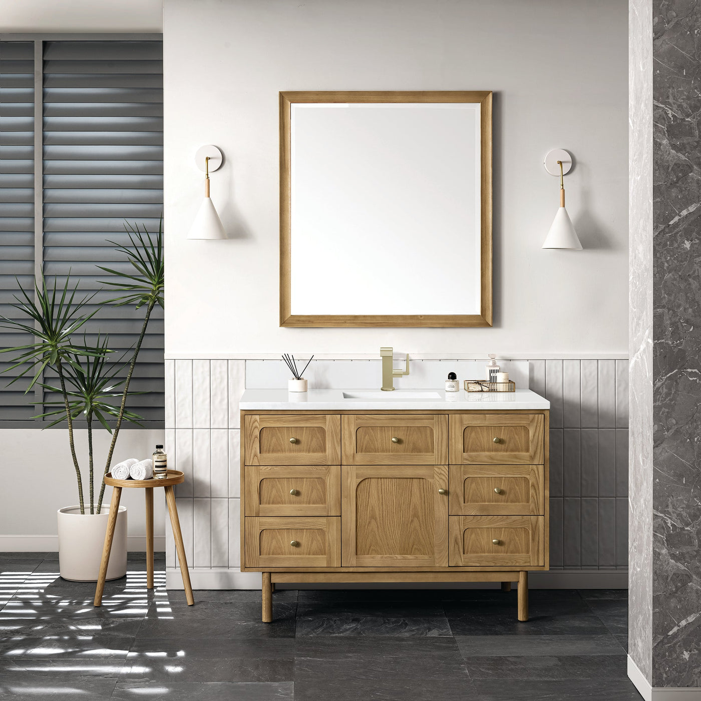 James Martin Laurent 48" Dual Mount Single Bathroom Vanity, Light Natural Oak with White Zeus (Single Hole, with Backsplash) countertop