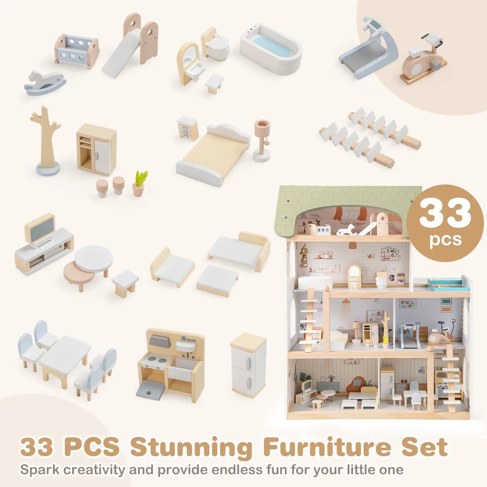 Wooden Dollhouse Kids DIY Pretend Playhouse with 33 PCS Furniture Accessories-Green by DirectDeals
