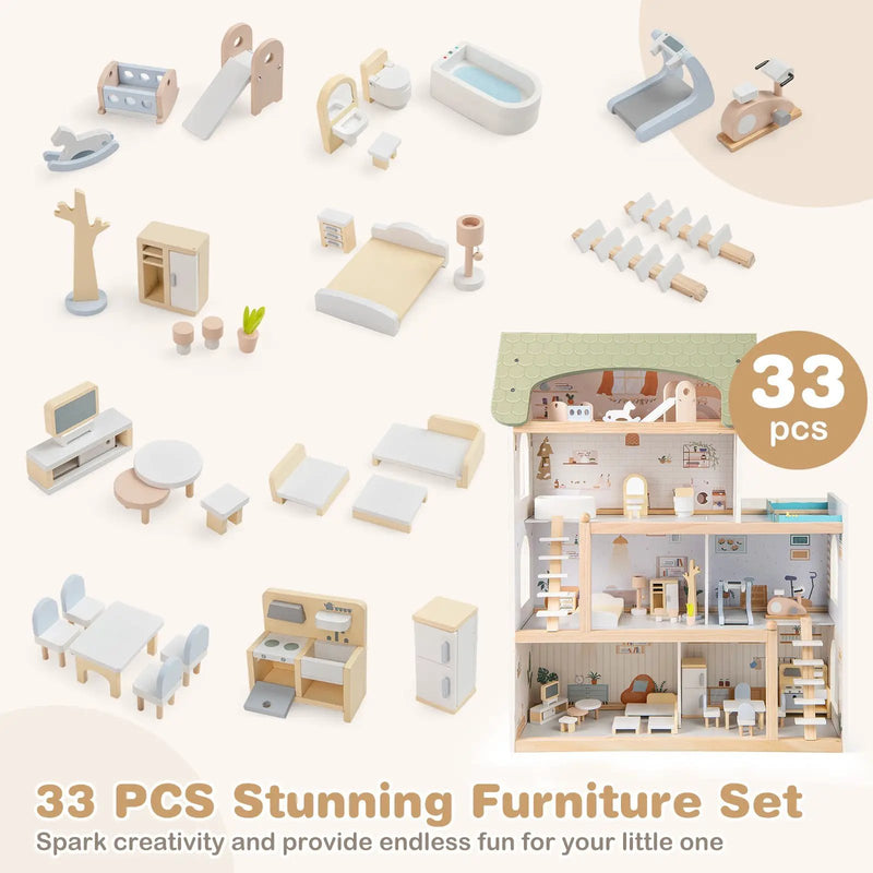 Wooden Dollhouse Kids DIY Pretend Playhouse with 33 PCS Furniture Accessories-Green by DirectDeals