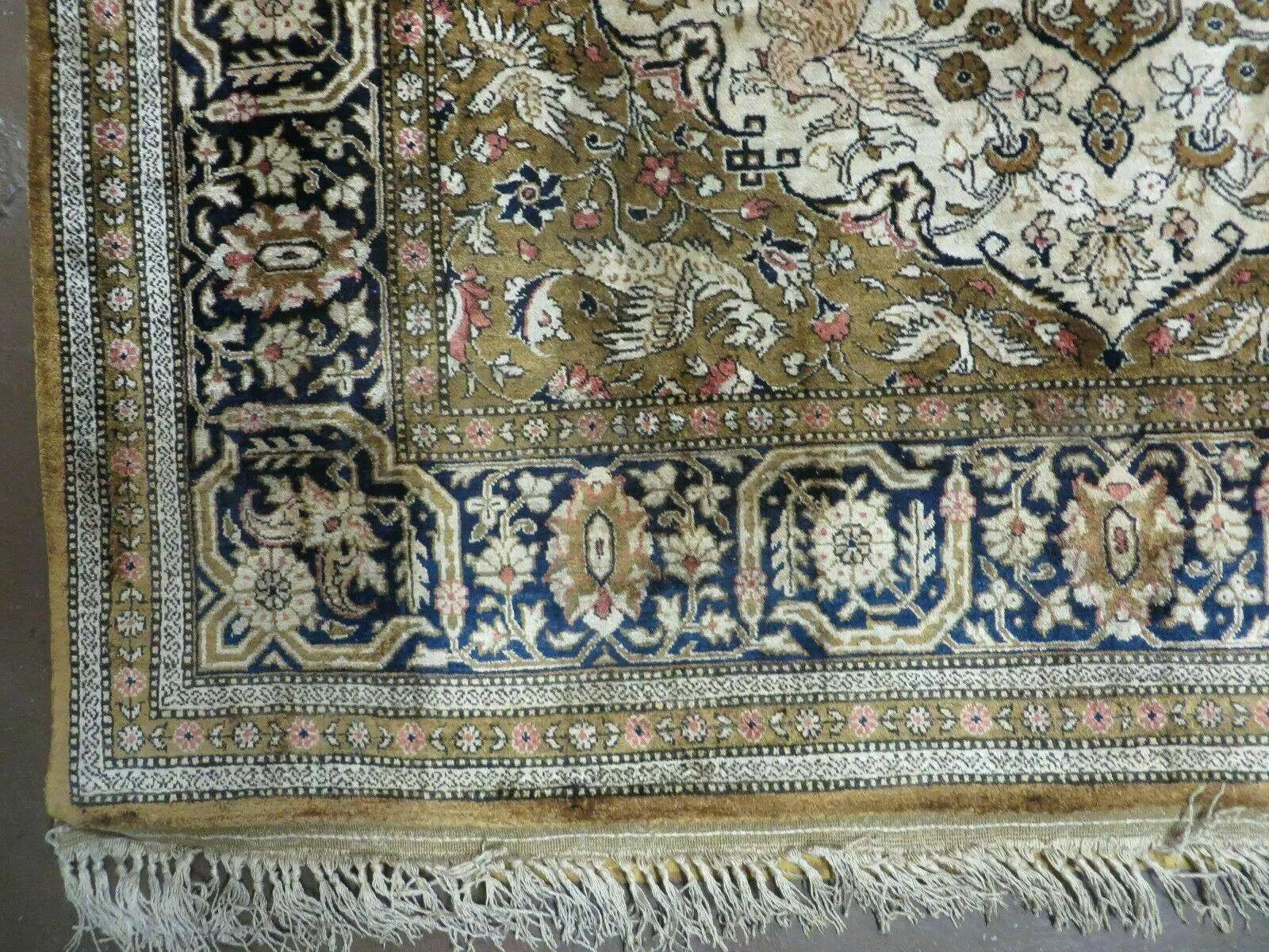 Handmade Silk Rug 3x5, Vintage Antique Silk Carpet, Hand-Knotted Oriental Rug 3 x 5, Animal Motifs, Deer Birds, One-Of-A-Kind by Jewel Rugs
