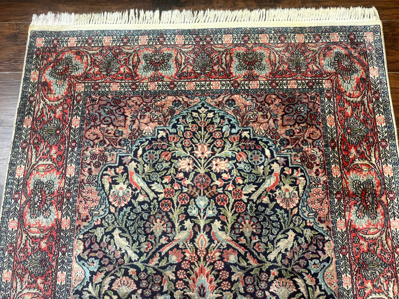 Silk Indian Kashmiri Rug 4x6, Tree of Life Pattern, Birds, Fine 290 KPSI, Navy Blue and Red, Handmade Oriental Carpet by Jewel Rugs
