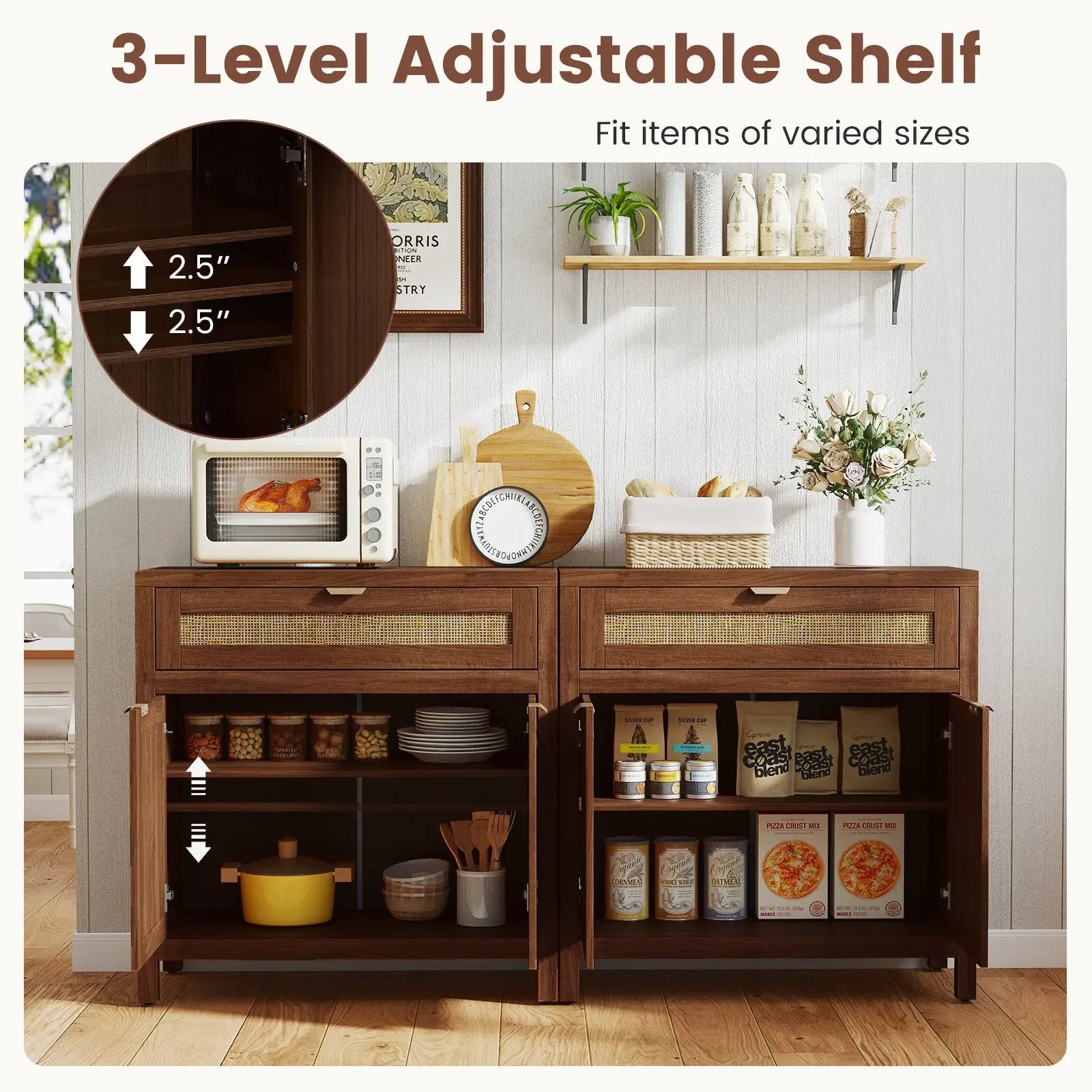 Sideboard Storage Cabinet with Rattan Doors and Drawer-Brown by DirectDeals
