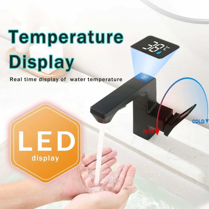 Modern Smart LED Bathroom Faucet With Temperature Digital Display And Pull Down Sprayer by HouseOfZazla