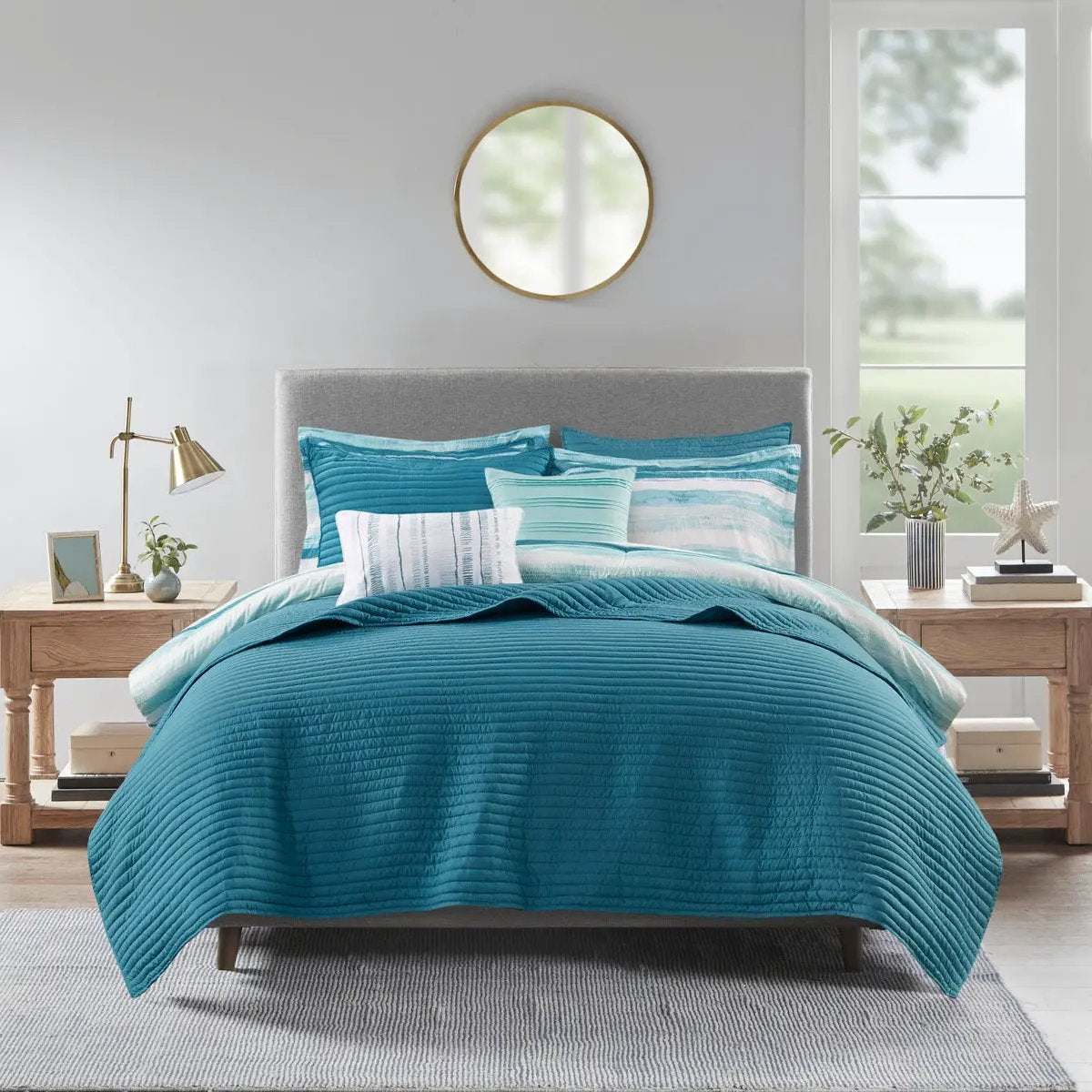 8 Piece Printed Seersucker Comforter and Quilt Set Collection Aqua Full/Queen by HouseOfZazla