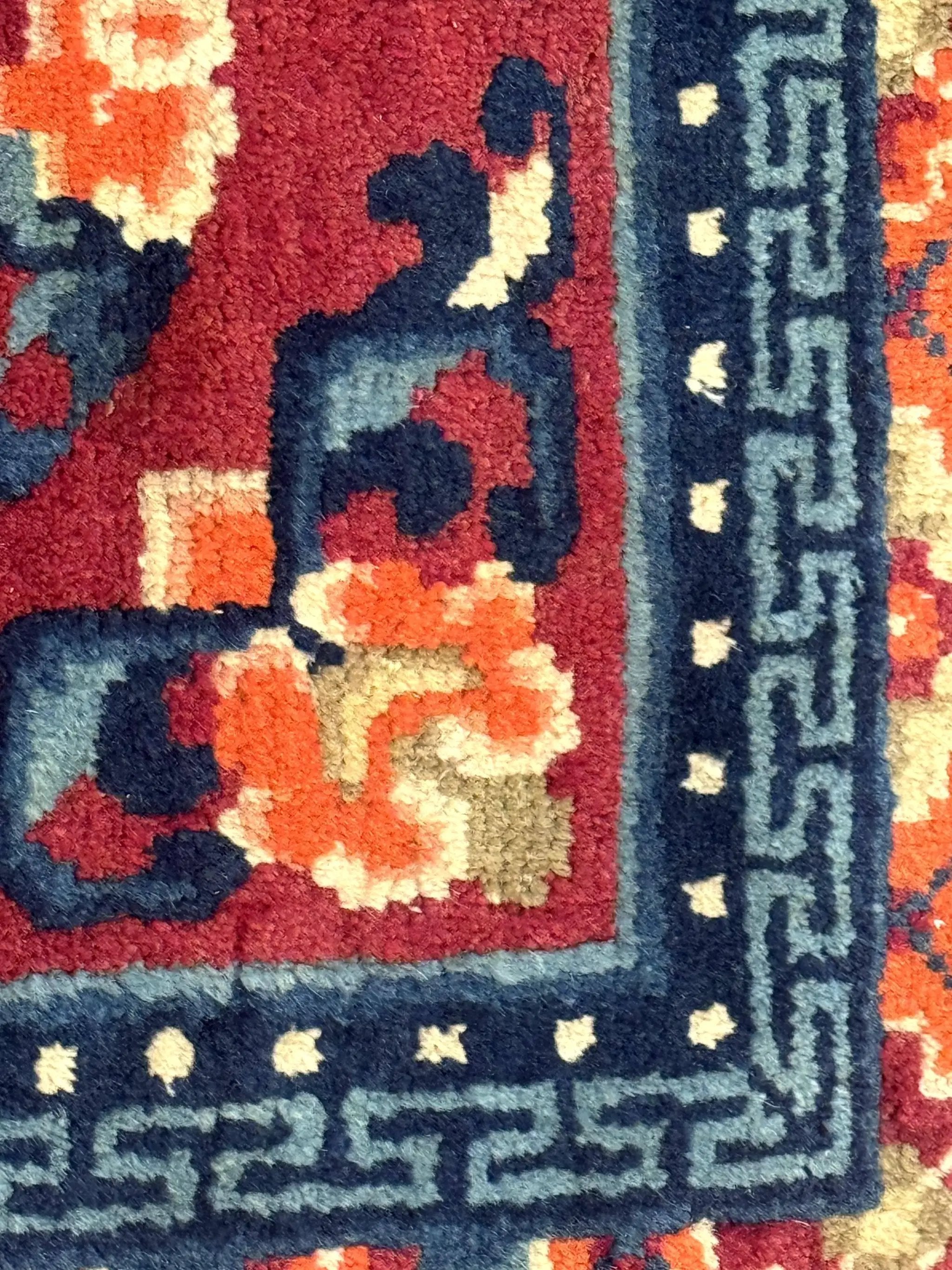Small Antique Chinese Square Rug 2x3, Tibetan Rug, Red Orange Blue, 1920s Rug by Jewel Rugs