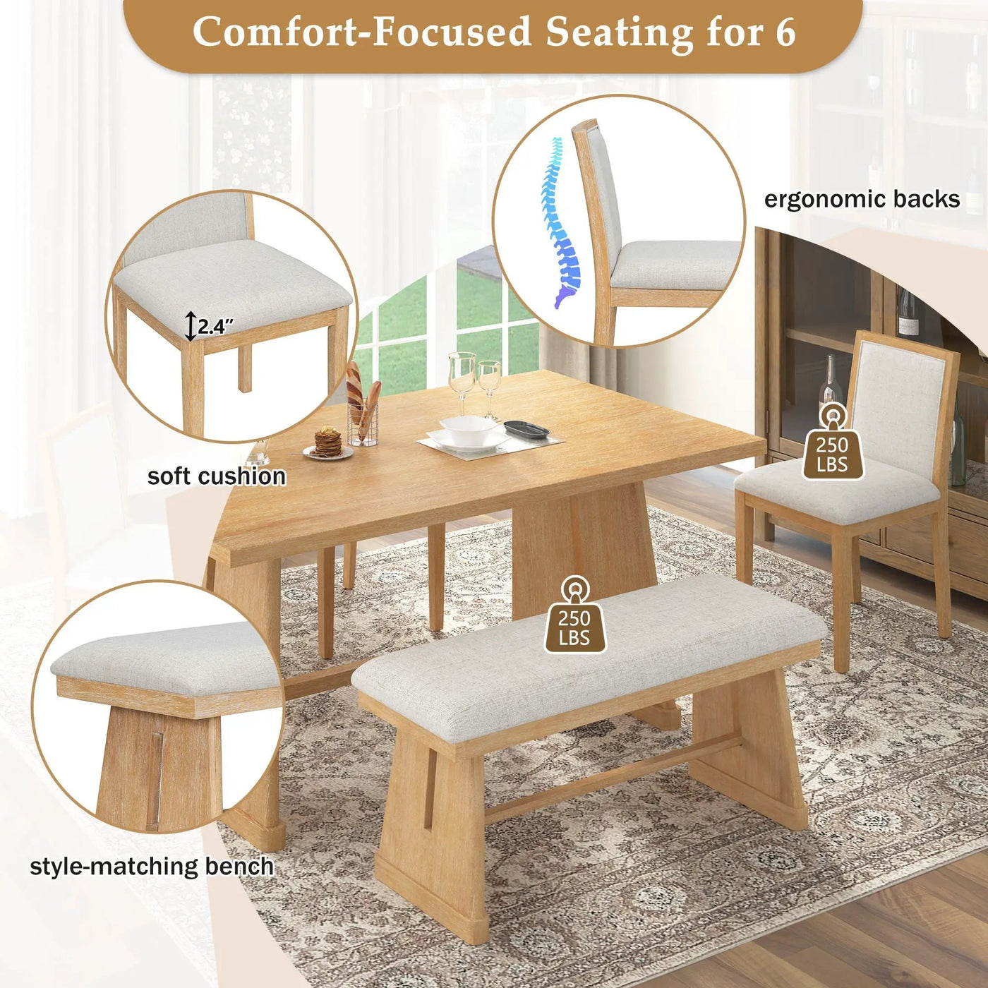 Dining Set With Rectangular Table, 4 Upholstered Chairs & 1 Padded Bench by HouseOfZazla