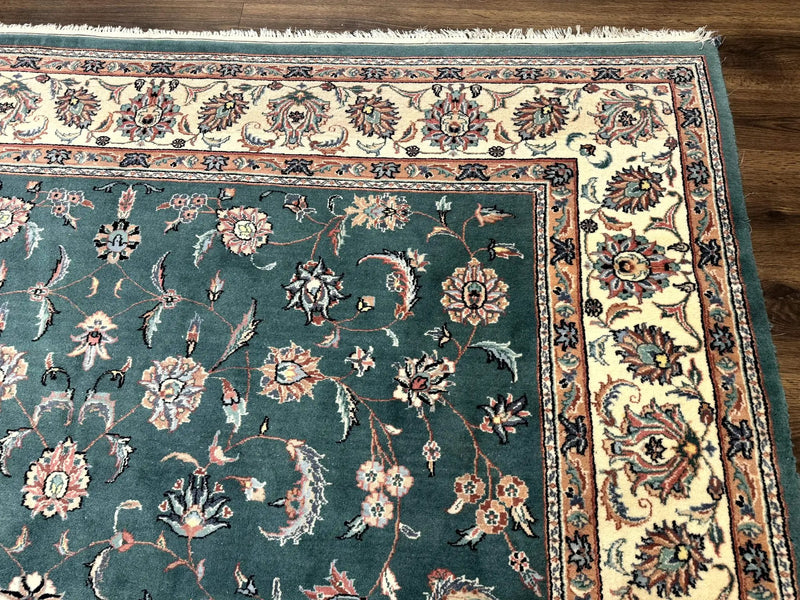 Indo Persian Rug 8x10, Green and Beige Oriental Carpet, Traditional Wool Area Rug, Floral Allover Pattern by Jewel Rugs