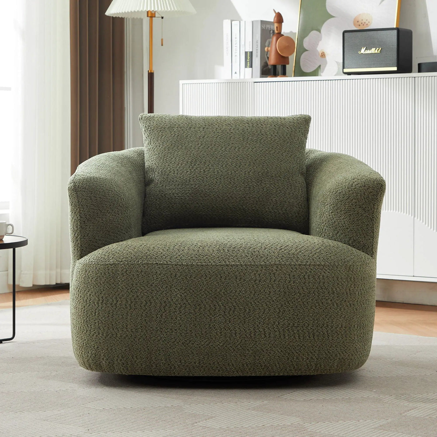 360° Swivel Barrel Sofa Chair With Throw Pillow, Upholstered Accent Chair by Unique Piece Furniture