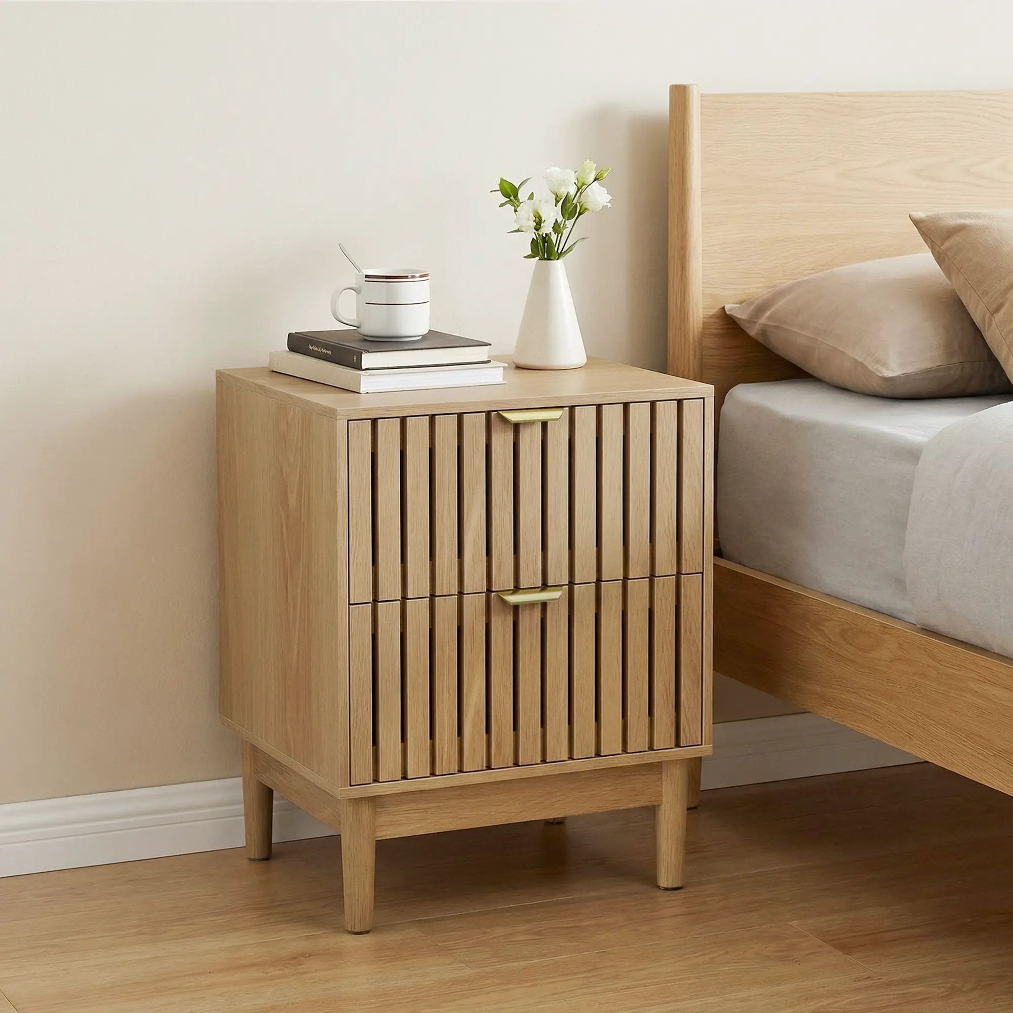 Bedside Table With Grille Design And 2 Drawers, Side Table For Bedroom - Oak by Unique Piece Furniture