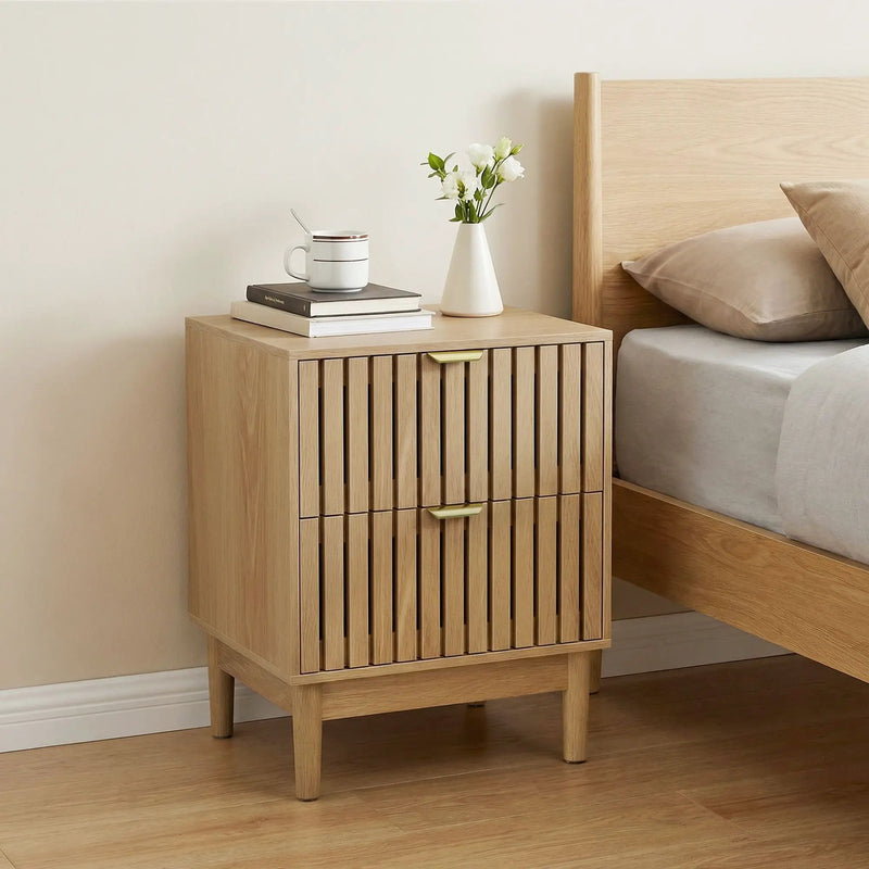 Bedside Table With Grille Design And 2 Drawers, Side Table For Bedroom - Oak by Unique Piece Furniture