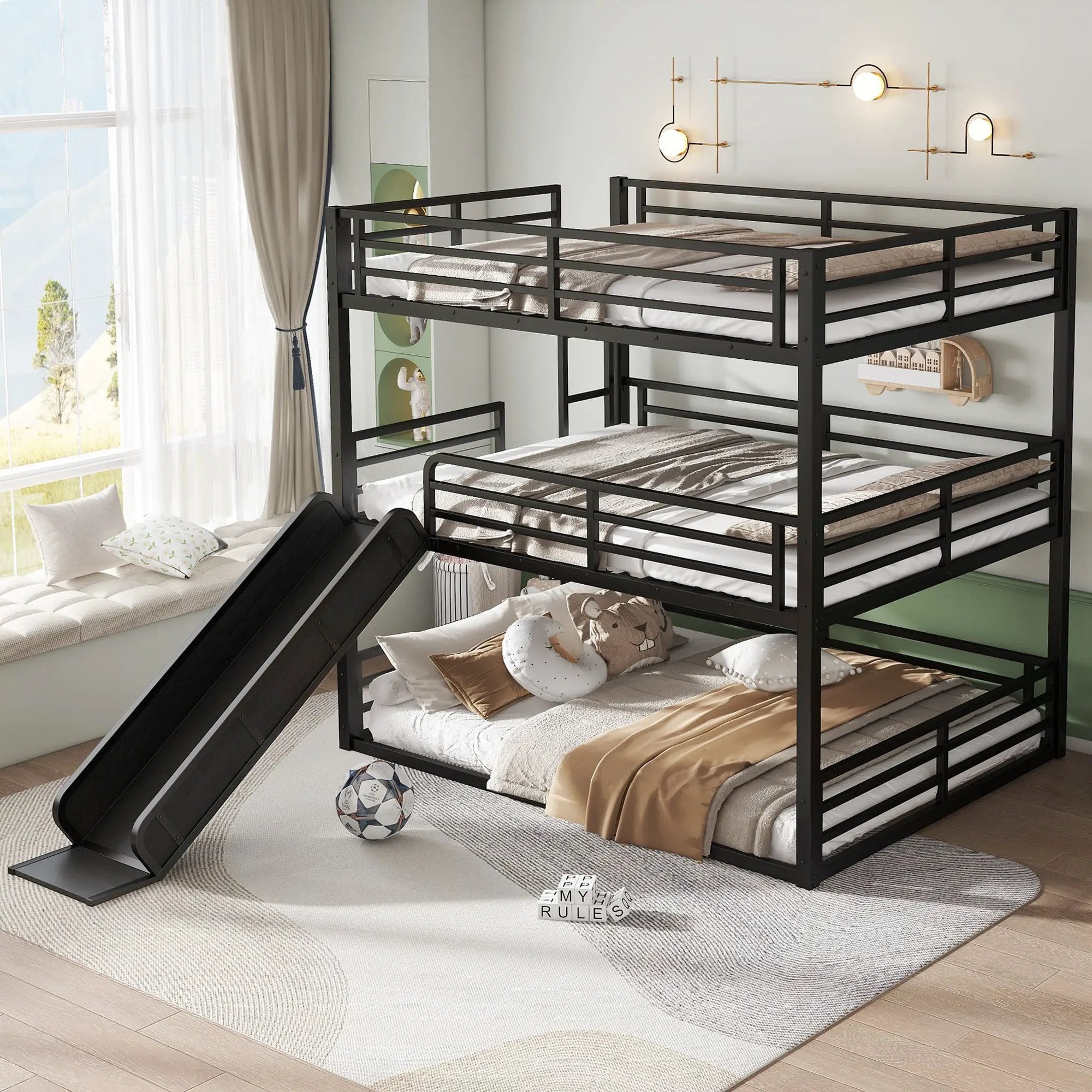 Queen Over Queen Over Queen Bunk Bed with Slide by HouseOfZazla