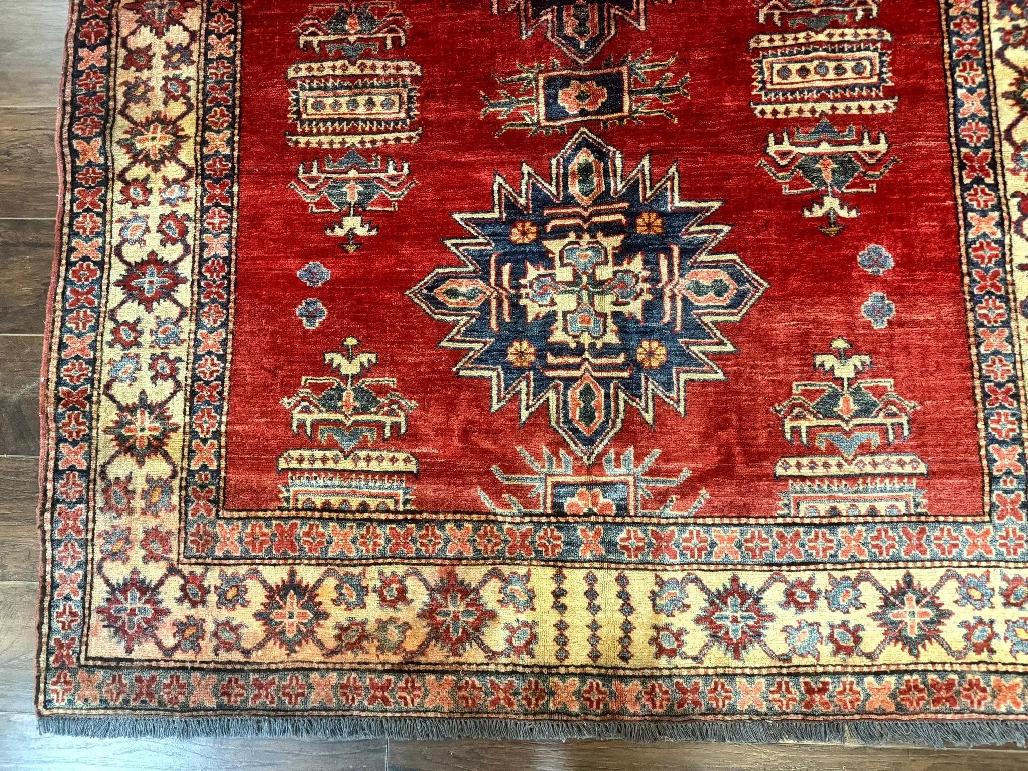 Square Turkish Rug 6x6, Azerbaijani Azeri Turkish Armenian Rug, Red Tan Blue, Geometric, Wool Carpet by Jewel Rugs