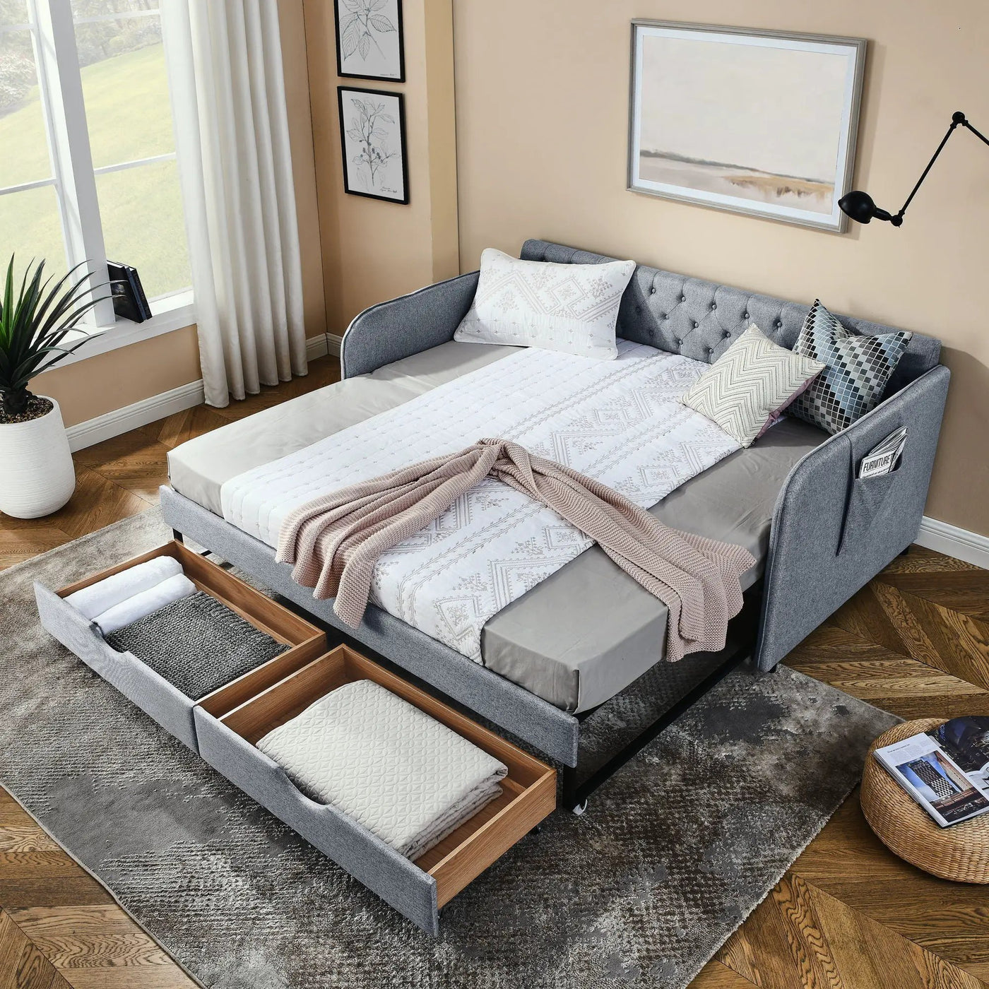 Daybed With Trundle And Storage Drawers, Flat Arms With Pocket by Unique Piece Furniture