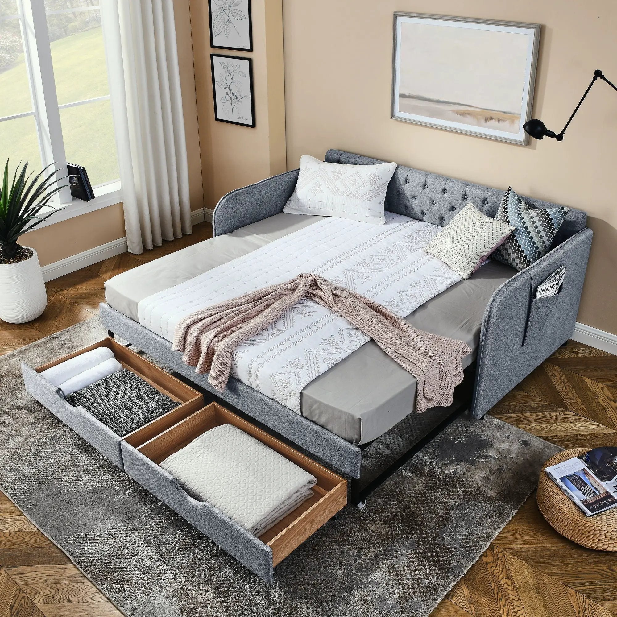 Daybed With Trundle And Storage Drawers, Flat Arms With Pocket by Unique Piece Furniture