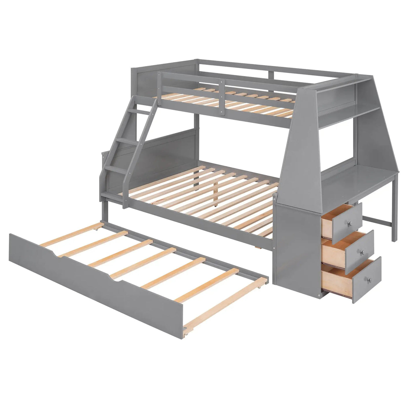 Bunk Bed With Trundle And Built In Desk, 3 Storage Drawers And Shelf by HouseOfZazla