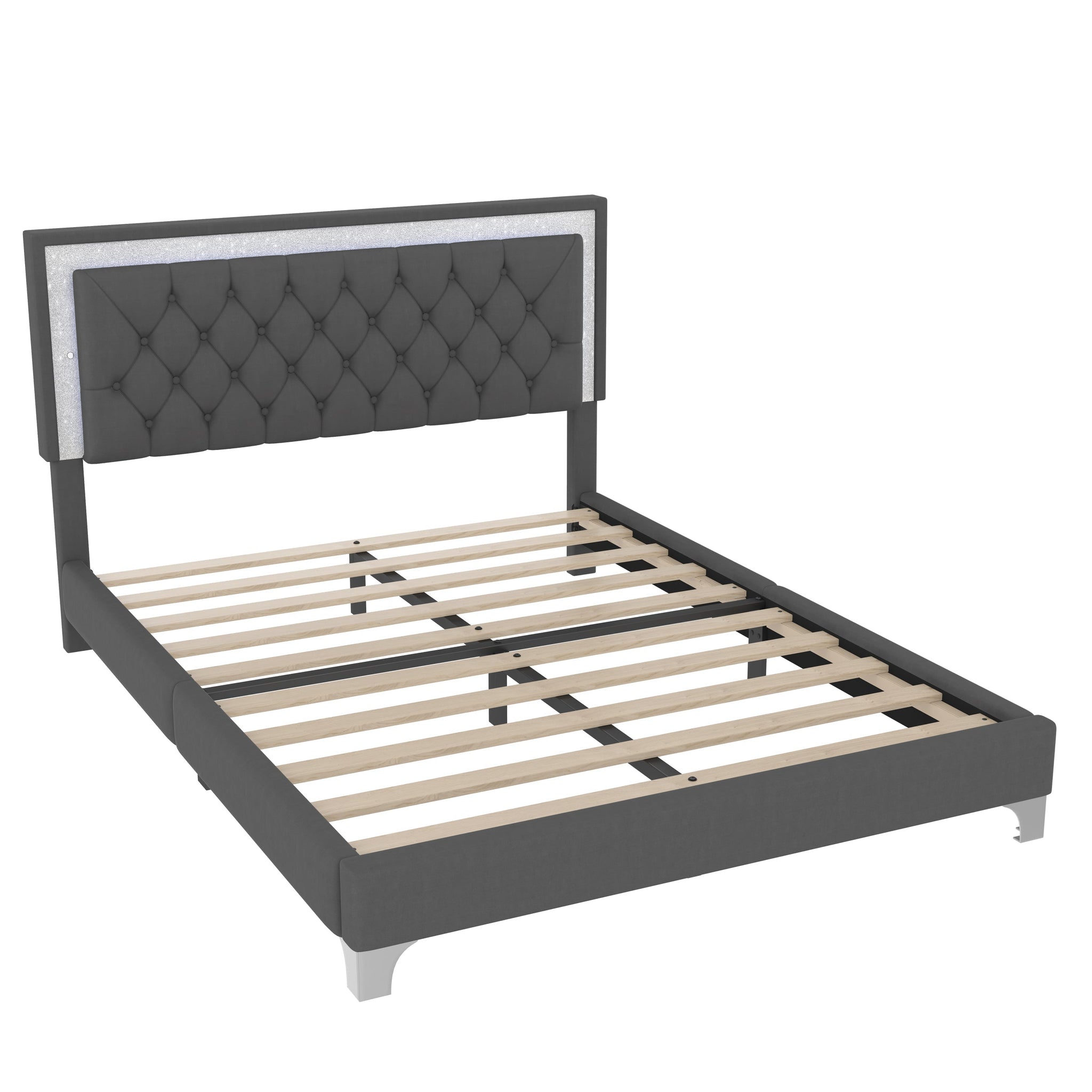 3-Pieces Bedroom Set, Queen Size Upholstered Platform Bed with LED Lights and Two Nightstands - Gray by HouseOfZazla