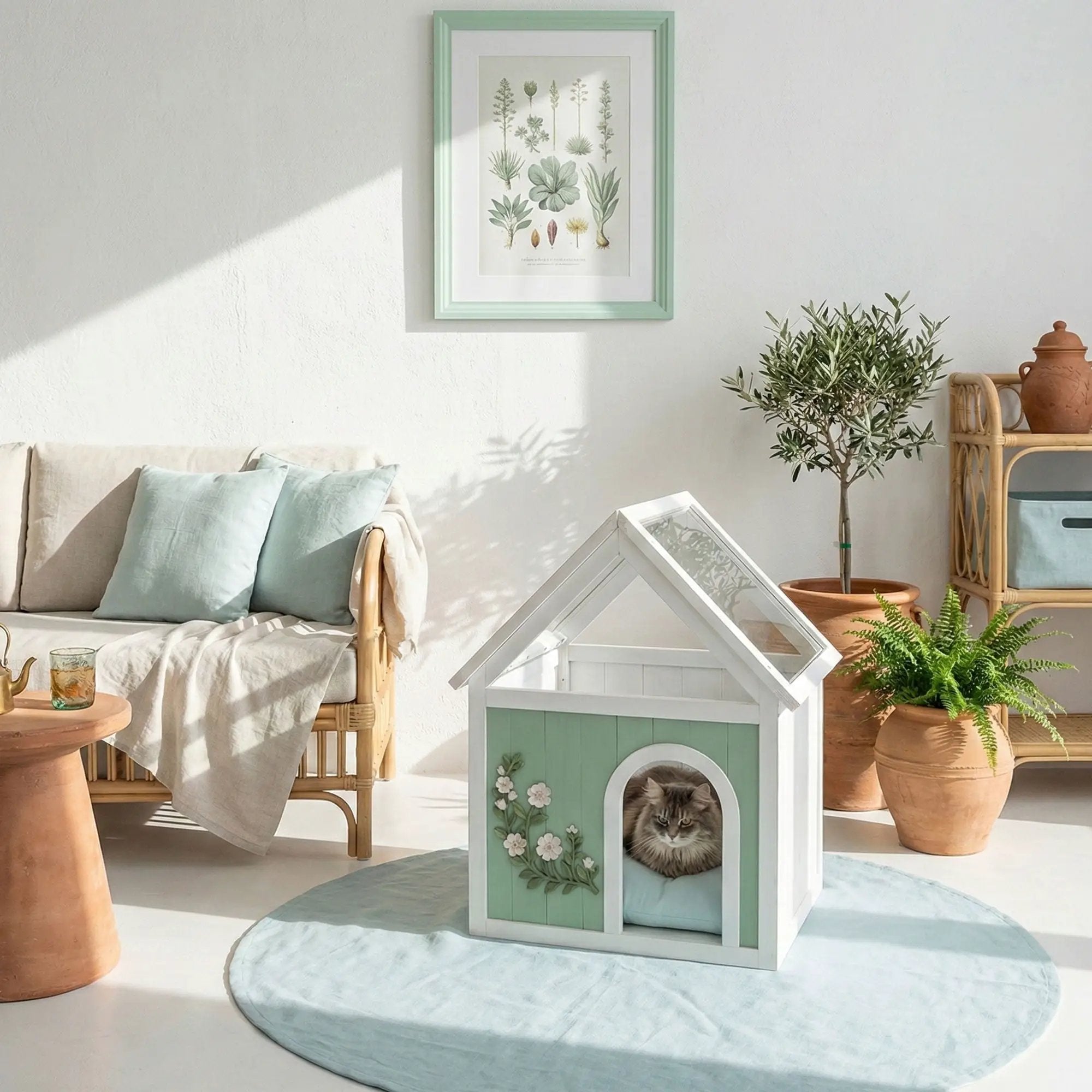 Indoor Cat House With Clear Roof Pet House For Small Cats & Dogs - Mint / White by HouseOfZazla