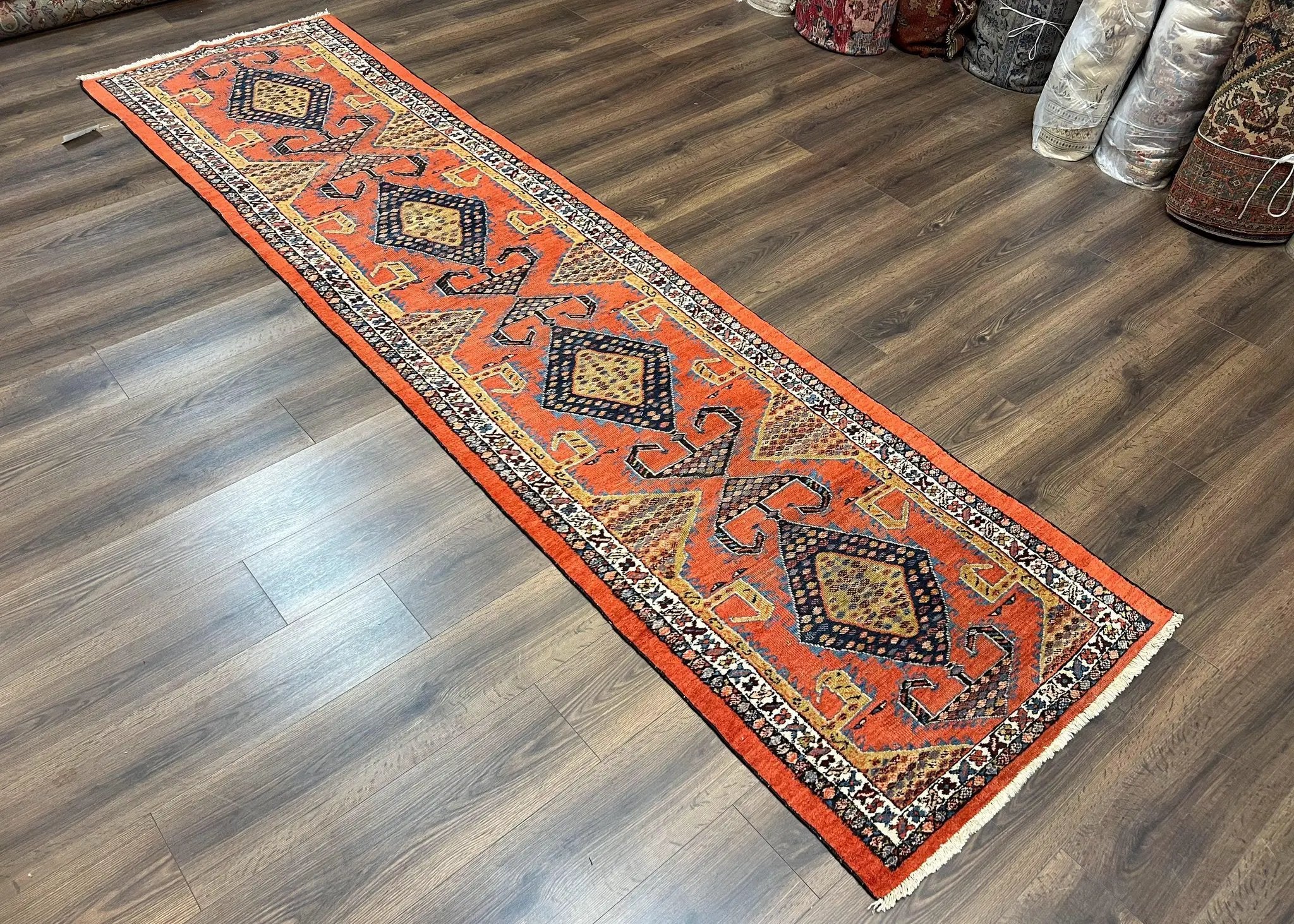 Rare Persian Tribal Runner Rug 3 x 11, Sarab Serab Persian Runner, Antique 1920s Collectible Geometric Medallions Oriental Wool Runner, Hand Knotted, Bright Orange-Red by Jewel Rugs