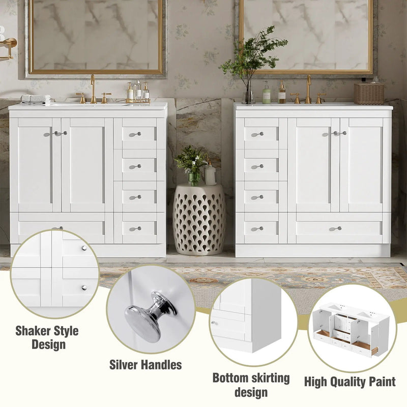 Shaker Free Standing Bathroom Vanity Cabinet & Sink, Soft Close Drawers, Soft Close Doors by Unique Piece Furniture