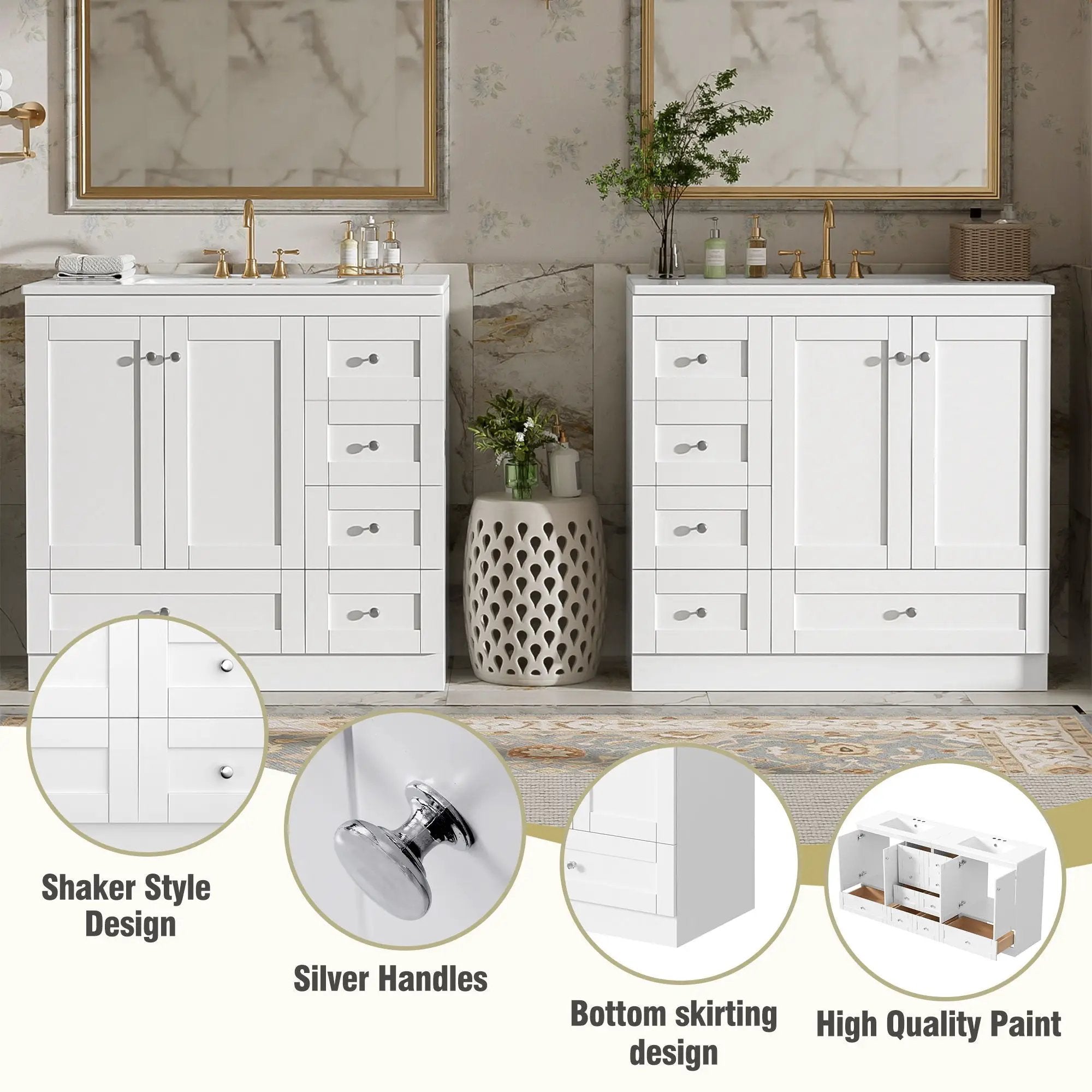 Shaker Free Standing Bathroom Vanity Cabinet & Sink, Soft Close Drawers, Soft Close Doors