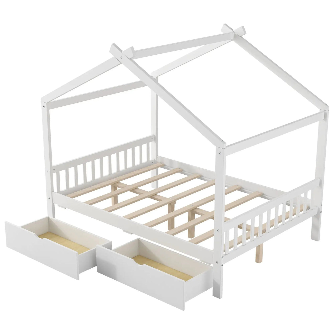 House Style Platform Bed With Headboard, Footboard, 2 Drawers, And Roof Design by HouseOfZazla