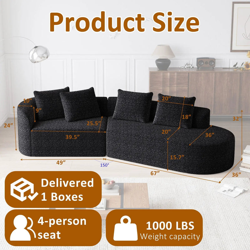 Upholstered Oversized Sectional Sofa, 4 Seater Extra Deep & Wide Curved Cloud Couch With 4 Throw Pillows For Living Room - Black by HouseOfZazla