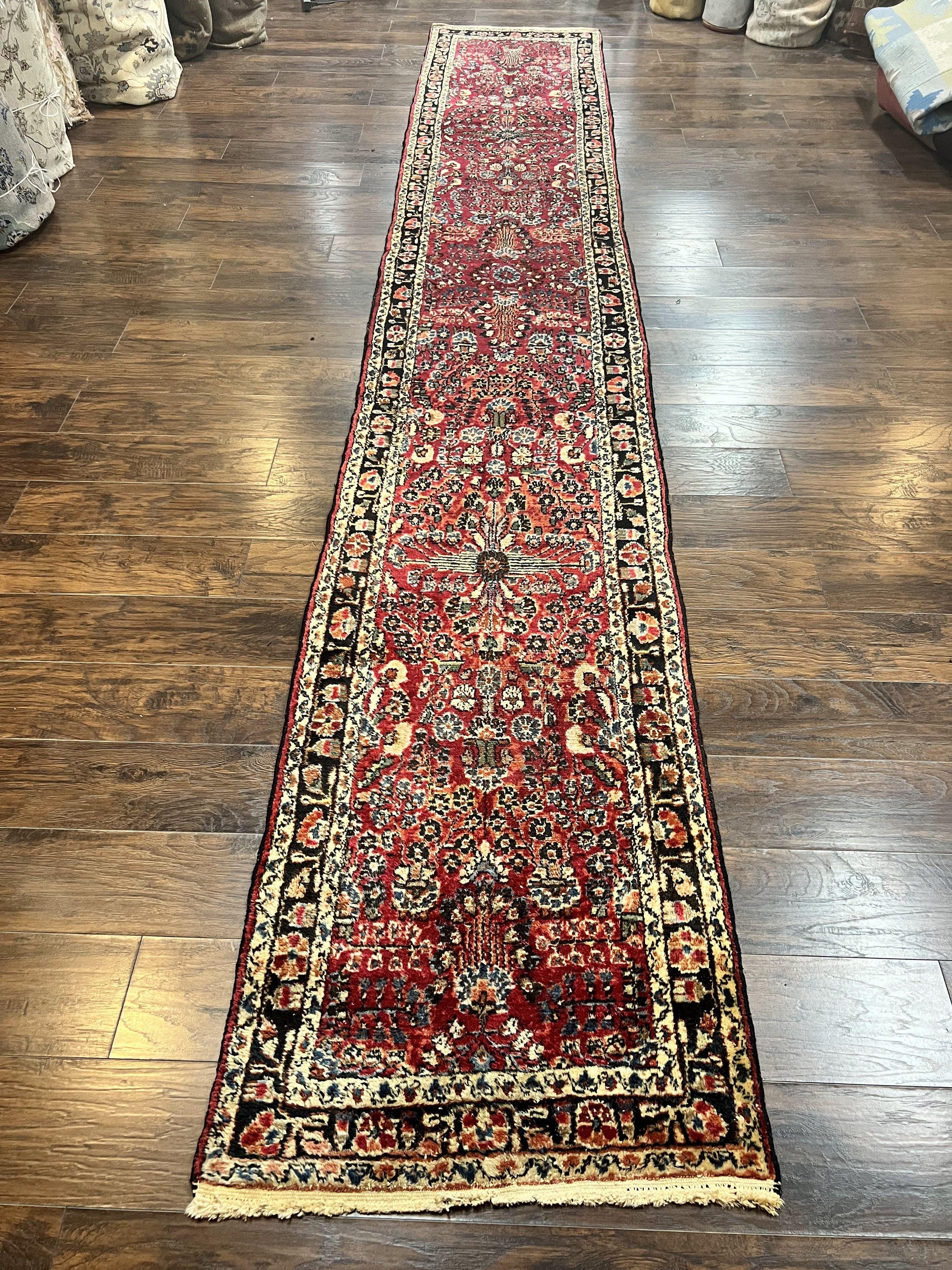 Antique Persian Runner Rug 2.9 x 17, Rare Sarouk Runner, Handmade Wool Rug for Hallway, Red, Floral by Jewel Rugs