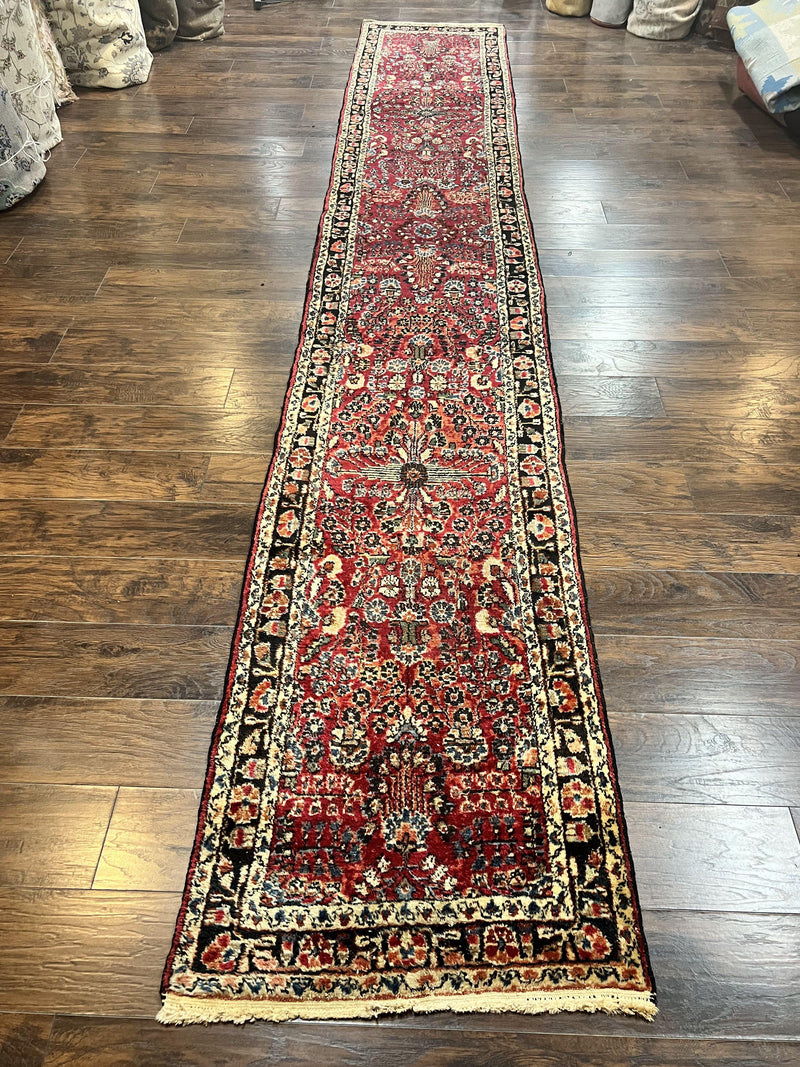 Antique Persian Runner Rug 2.9 x 17, Rare Sarouk Runner, Handmade Wool Rug for Hallway, Red, Floral by Jewel Rugs