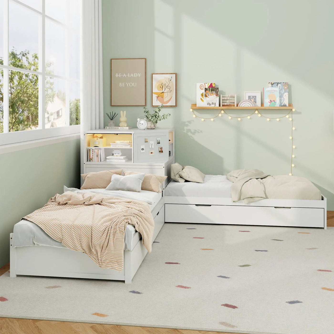 L-Shaped Bed Frame With Trundle, Built In Desk & LED Lighting by HouseOfZazla