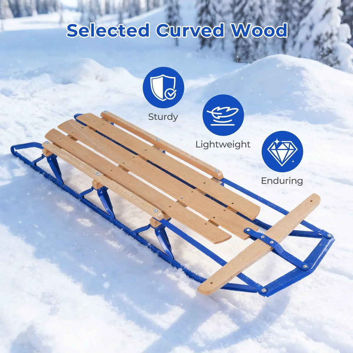54 Inch Wood Snow Sled with Metal Runners and Steering Bar, photo 9 of 16