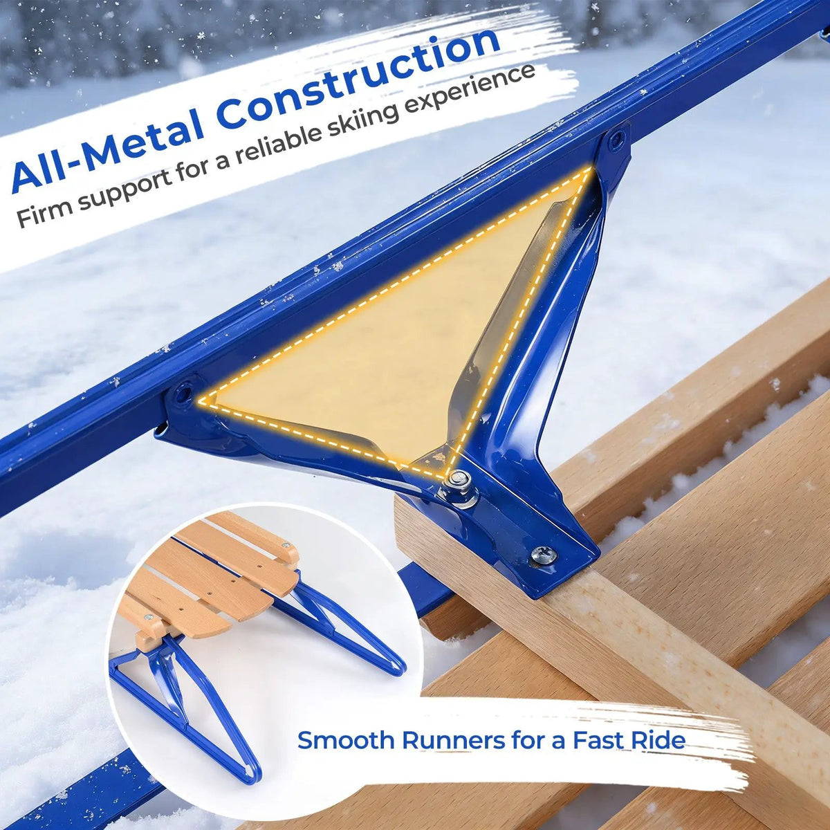 54 Inch Wood Snow Sled with Metal Runners and Steering Bar, photo 11 of 16