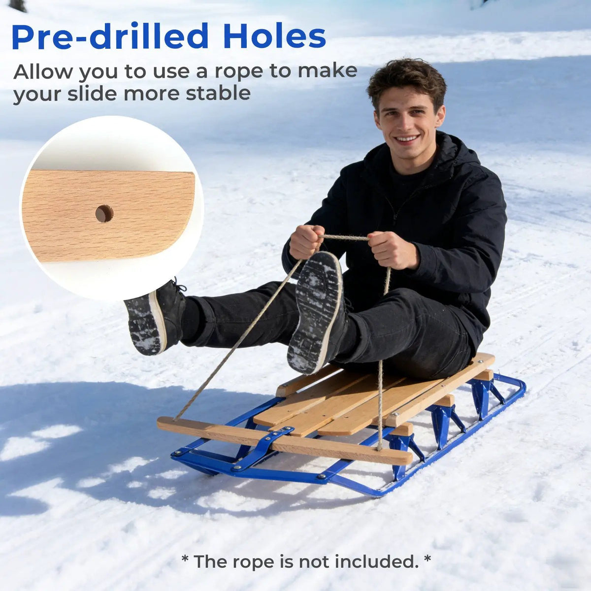 54 Inch Wood Snow Sled with Metal Runners and Steering Bar, photo 15 of 16