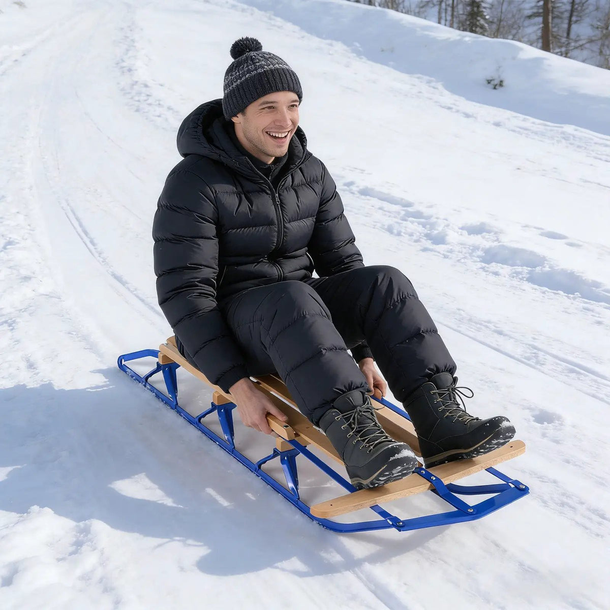 54 Inch Wood Snow Sled with Metal Runners and Steering Bar