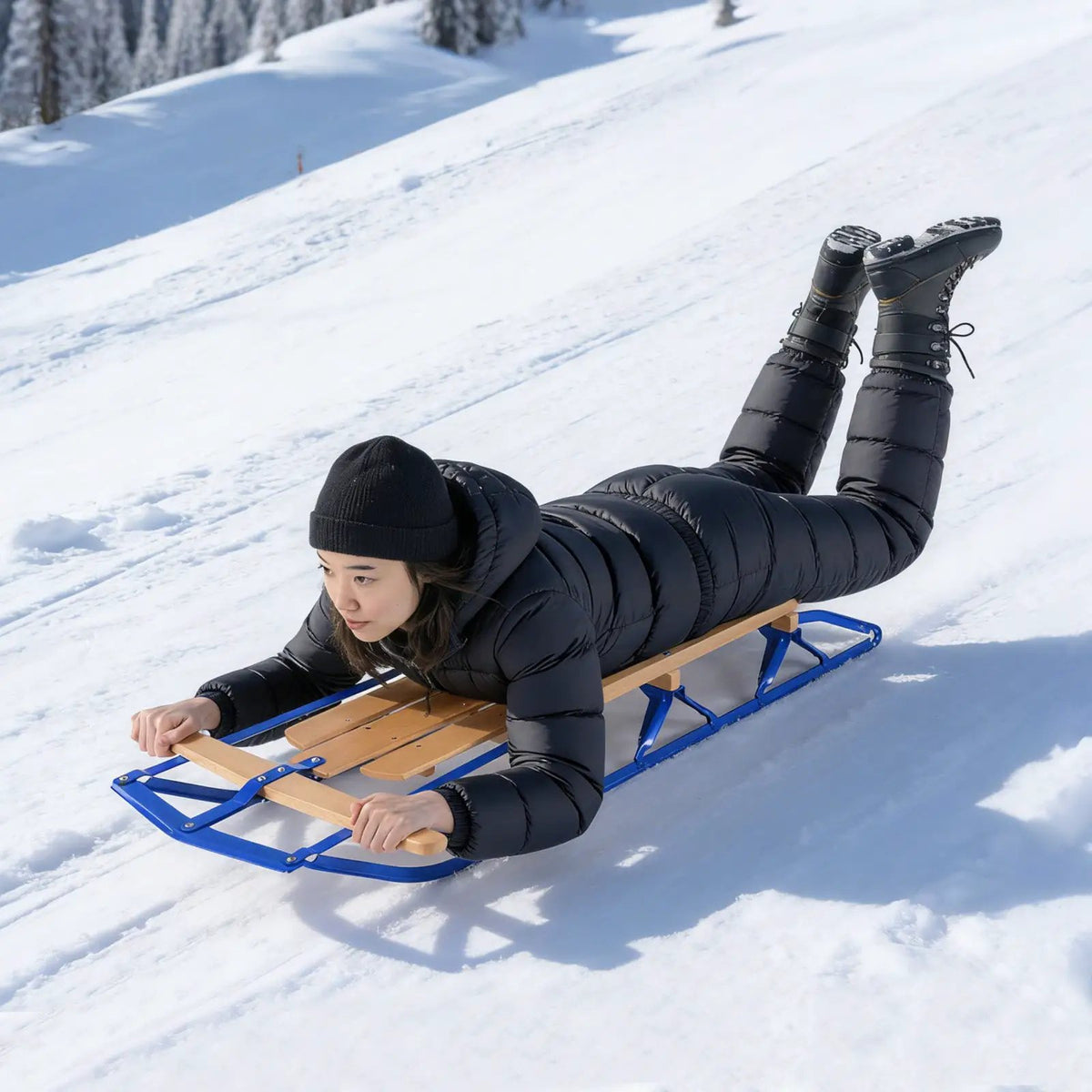 54 Inch Wood Snow Sled with Metal Runners and Steering Bar, photo 3 of 16