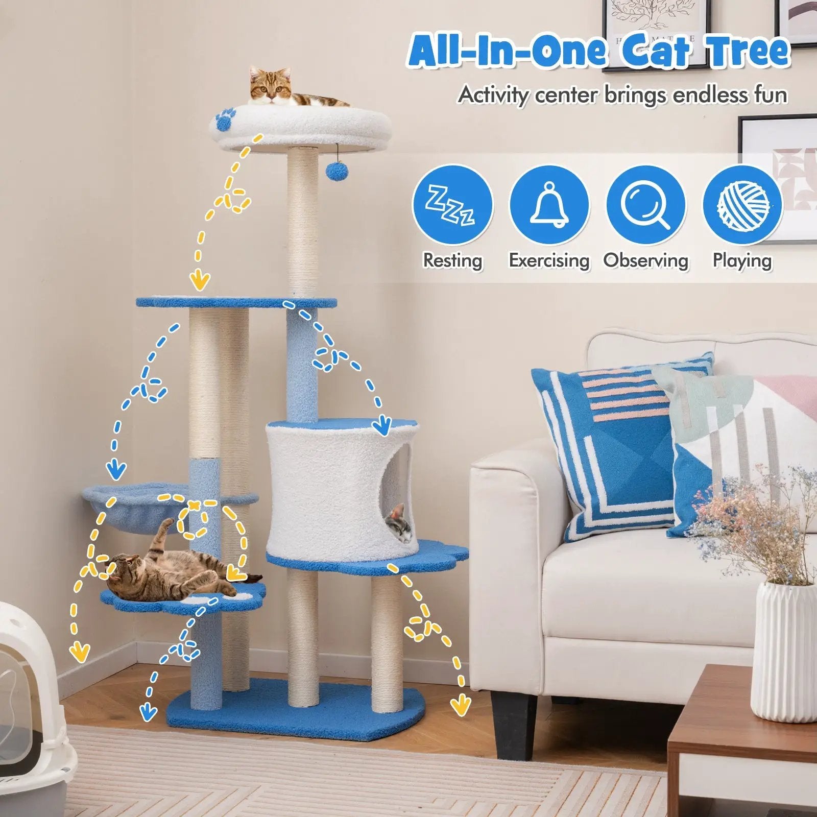 54 Inches Tall Modern Cat Tree Tower for Indoor Cats-Blue by DirectDeals