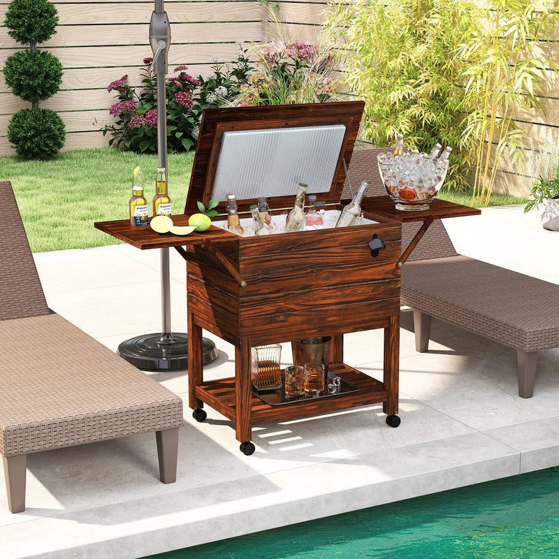 54 Quart Wooden Cooler Cart for Patio Rolling Ice Chest with Shelves-Brown by DirectDeals