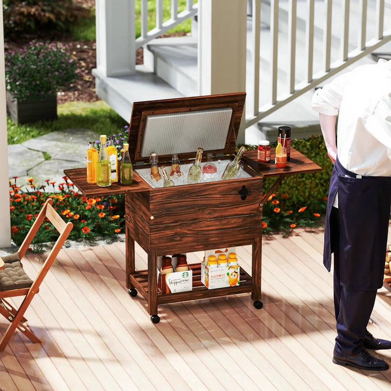 54 Quart Wooden Cooler Cart for Patio Rolling Ice Chest with Shelves-Brown by DirectDeals
