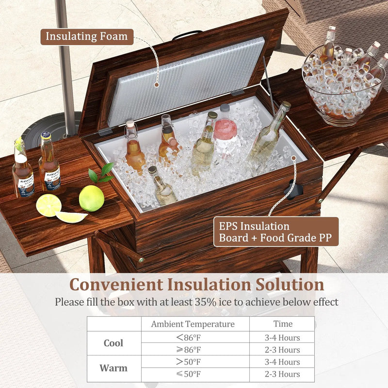 54 Quart Wooden Cooler Cart for Patio Rolling Ice Chest with Shelves-Brown by DirectDeals